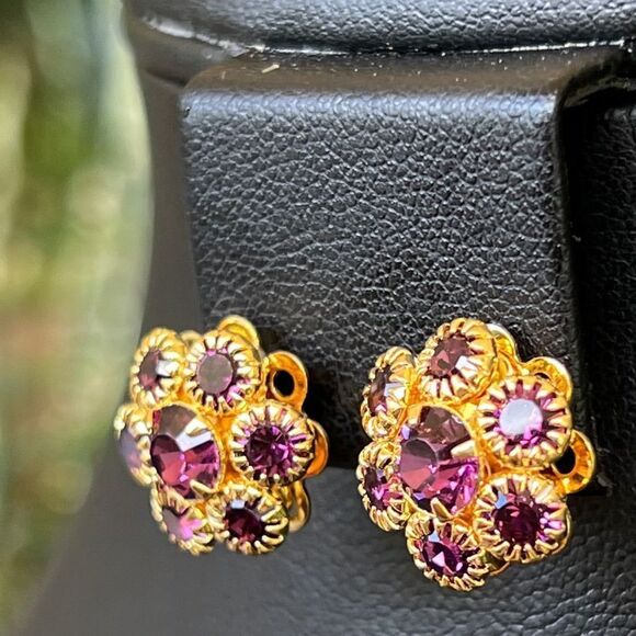 Gold Purple Floral Swarovski Crystals Statement Earrings - Picture 5 of 9
